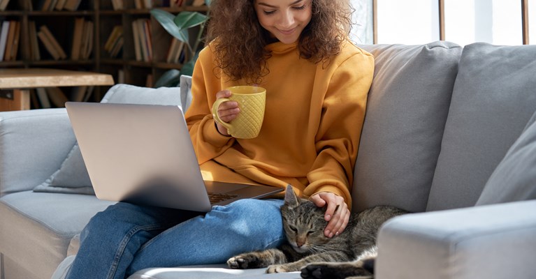 Woman sat on sofa on laptop and petting a tabby cat