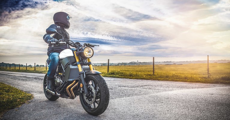 Rider sat on a motorbike next to a field looking into the distance