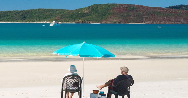 A couple sitting on beach chairs