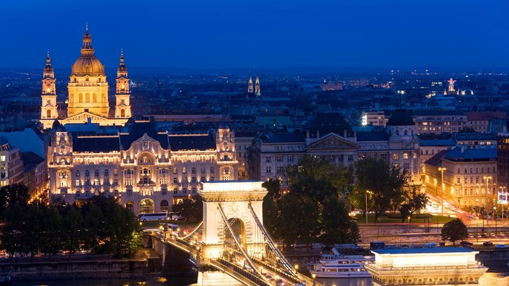 aerial shot of budapest at night