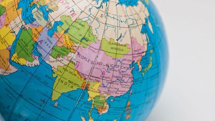 close up of a globe with a focus on the east