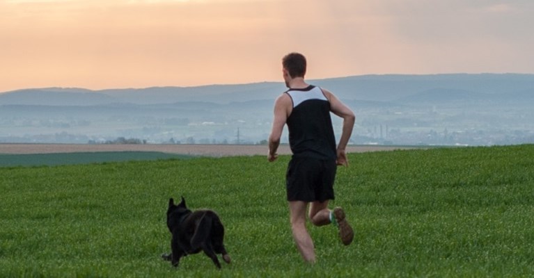 A dog and a man running across a green