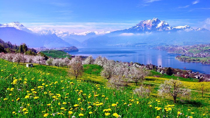 sunny landscape of switzerland