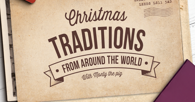 Christmas postcard on table with passport and travel tickets