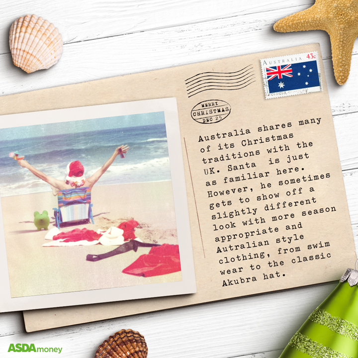 Christmas postcard from Australia on table with polaroid and Christmas decorations