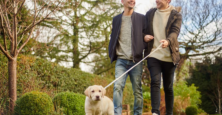 Male couple outside taking puppy for a walk