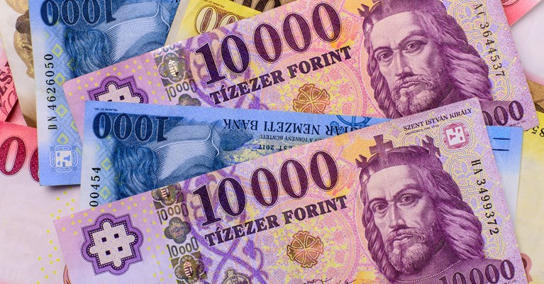 Pile of mixed denomination Hungarian Forint banknotes